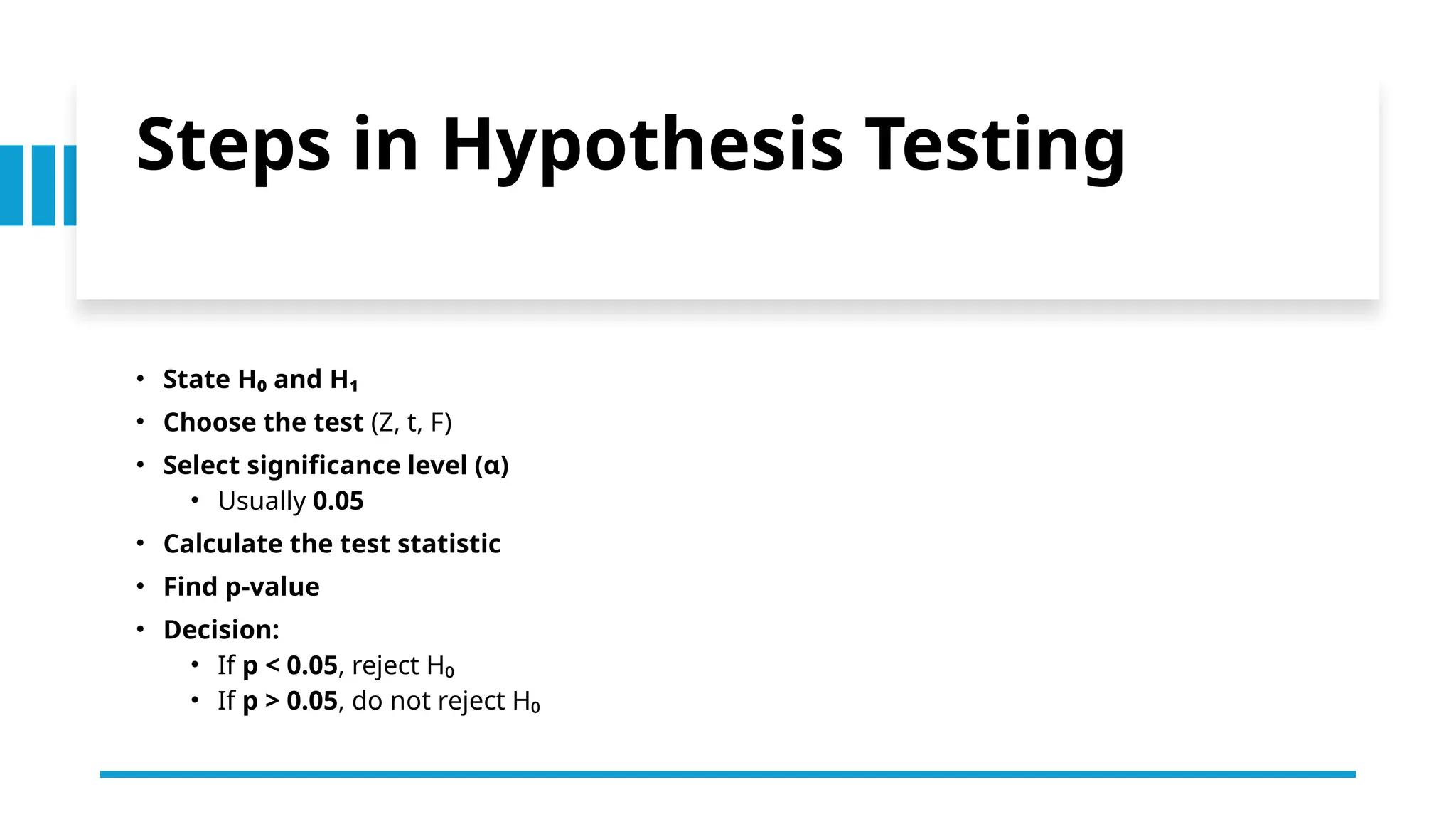 Steps in Hypothesis Testing
• State H₀ and H₁
• Choose the test (Z, t, F)
• Select significance level (α)
• Usually 0.05
• Calculate the test statistic
• Find p-value
• Decision:
• If p < 0.05, reject H₀
• If p > 0.05, do not reject H₀
 