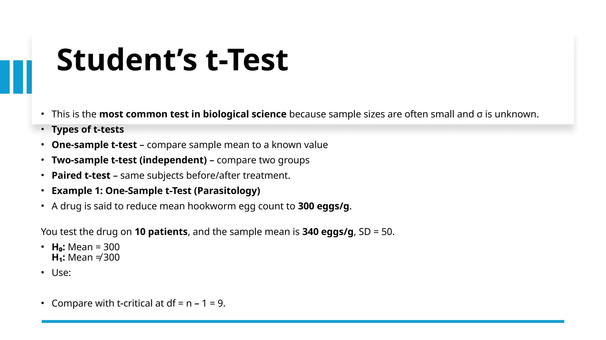 Student’s t-Test
• This is the most common test in biological science because sample sizes are often small and σ is unknown.
• Types of t-tests
• One-sample t-test – compare sample mean to a known value
• Two-sample t-test (independent) – compare two groups
• Paired t-test – same subjects before/after treatment.
• Example 1: One-Sample t-Test (Parasitology)
• A drug is said to reduce mean hookworm egg count to 300 eggs/g.
You test the drug on 10 patients, and the sample mean is 340 eggs/g, SD = 50.
• H₀: Mean = 300
H₁: Mean ≠ 300
• Use:
• Compare with t-critical at df = n – 1 = 9.
 