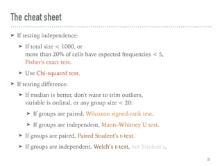 The cheat sheet
➤ If testing independence:
➤ If total size < 1000, or  
more than 20% of cells have expected frequencies < 5,  
Fisher's exact test.
➤ Use Chi-squared test.
➤ If testing diﬀerence:
➤ If median is better, don't want to trim outliers,  
variable is ordinal, or any group size < 20:
➤ If groups are paired, Wilcoxon signed-rank test.
➤ If groups are independent, Mann–Whitney U test.
➤ If groups are paired, Paired Student's t-test.
➤ If groups are independent, Welch’s t-test, not Student's.
21
 