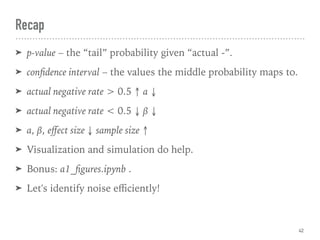 ➤ p-value – the “tail” probability given “actual -”.
➤ conﬁdence interval – the values the middle probability maps to.
➤ actual negative rate > 0.5 ↑ α ↓
➤ actual negative rate < 0.5 ↓ β ↓
➤ α, β, eﬀect size ↓ sample size ↑
➤ Visualization and simulation do help.
➤ Bonus: a1_ﬁgures.ipynb .
➤ Let's identify noise eﬃciently!
Recap
42
 