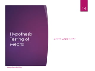 Hypothesis
Testing of
Means
Z-TEST AND T-TEST
www.shakehandwithlife.in
14
 