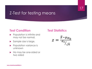 Z-Test for testing means
Test Condition
 Population is infinite and
may not be normal,
 Sample size is large,
 Population variance is
unknown
 Ha may be one-sided or
two sided
Test Statistics
𝑧 =
𝑋−𝜇 𝐻0
𝜎 𝑠
𝑛
www.shakehandwithlife.in
17
 