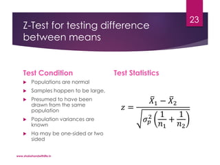 Z-Test for testing difference
between means
Test Condition
 Populations are normal
 Samples happen to be large,
 Presumed to have been
drawn from the same
population
 Population variances are
known
 Ha may be one-sided or two
sided
Test Statistics
𝑧 =
𝑋1 − 𝑋2
𝜎 𝑝
2 1
𝑛1
+
1
𝑛2
www.shakehandwithlife.in
23
 