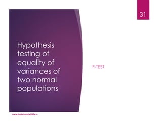 Hypothesis
testing of
equality of
variances of
two normal
populations
F-TEST
www.shakehandwithlife.in
31
 