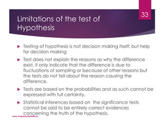 Limitations of the test of
Hypothesis
 Testing of hypothesis is not decision making itself; but help
for decision making
 Test does not explain the reasons as why the difference
exist, it only indicate that the difference is due to
fluctuations of sampling or because of other reasons but
the tests do not tell about the reason causing the
difference.
 Tests are based on the probabilities and as such cannot be
expressed with full certainty.
 Statistical inferences based on the significance tests
cannot be said to be entirely correct evidences
concerning the truth of the hypothesis.www.shakehandwithlife.in
33
 