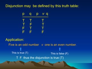 Disjunction may  be defined by this truth table: p  q  p  v   q  T  T  T T  F  T  F  T  T F  F  F _____________ Five is an odd number  v   one is an even number .  This is true (T) This is false (F) T  F  thus the disjunction is true (T) Application: 