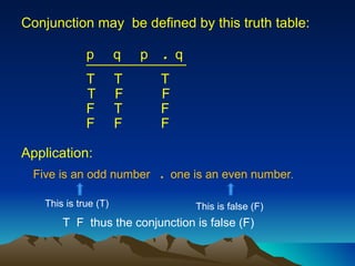 Conjunction may  be defined by this truth table: p  q  p  .   q  T  T  T T  F  F  F  T  F F  F  F _____________ Five is an odd number  .   one is an even number .  This is true (T) This is false (F) T  F  thus the conjunction is false (F) Application: 