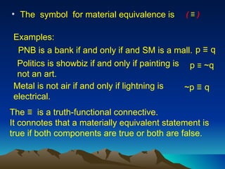 The  symbol  for material equivalence is  The ≡  is a truth-functional connective.  It connotes that a materially equivalent statement is true if both components are true or both are false. PNB is a bank if and only if and SM is a mall. Examples: p ≡   q Politics is showbiz if and only if painting is not an art. p   ≡   ~q (  ≡   )   ~p ≡   q  Metal is not air if and only if lightning is electrical. 