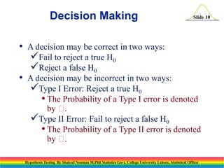 Decision Making
•
•

Slide 10

A decision may be correct in two ways:
Fail to reject a true H0
Reject a false H0
A decision may be incorrect in two ways:
Type I Error: Reject a true H0
• The Probability of a Type I error is denoted
by 
.
Type II Error: Fail to reject a false H0
• The Probability of a Type II error is denoted
by 
.
Hypothesis Testing By Shakeel Nouman M.Phil Statistics Govt. College University Lahore, Statistical Officer

 