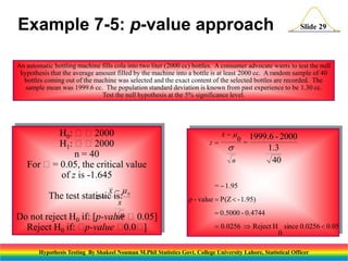 Example 7-5: p-value approach

Slide 29

An automatic bottling machine fills cola into two liter (2000 cc) bottles. A consumer advocate wants to test the null
hypothesis that the average amount filled by the machine into a bottle is at least 2000 cc. A random sample of 40
bottles coming out of the machine was selected and the exact content of the selected bottles are recorded. The
sample mean was 1999.6 cc. The population standard deviation is known from past experience to be 1.30 cc.
Test the null hypothesis at the 5% significance level.

H0: 2000
H1: 2000
n = 40
For = 0.05, the critical value
of z is -1.645
x
The test statistic is: 0
z
s
n
Do not reject H if: [p-value 0.05]
0

Reject H0 if: 
p-value 
0.0
]

z

x

s

0 = 1999.6 - 2000

n

1.3
40

=  1.95
p - value  P(Z  - 1.95)
 0.5000 - 0.4744
 0.0256  Reject H since 0.0256  0.05
0

Hypothesis Testing By Shakeel Nouman M.Phil Statistics Govt. College University Lahore, Statistical Officer

 