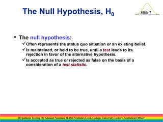 The Null Hypothesis, H0
•

Slide 7

The null hypothesis:
Often represents the status quo situation or an existing belief.
Is maintained, or held to be true, until a test leads to its
rejection in favor of the alternative hypothesis.
Is accepted as true or rejected as false on the basis of a
consideration of a test statistic.

Hypothesis Testing By Shakeel Nouman M.Phil Statistics Govt. College University Lahore, Statistical Officer

 