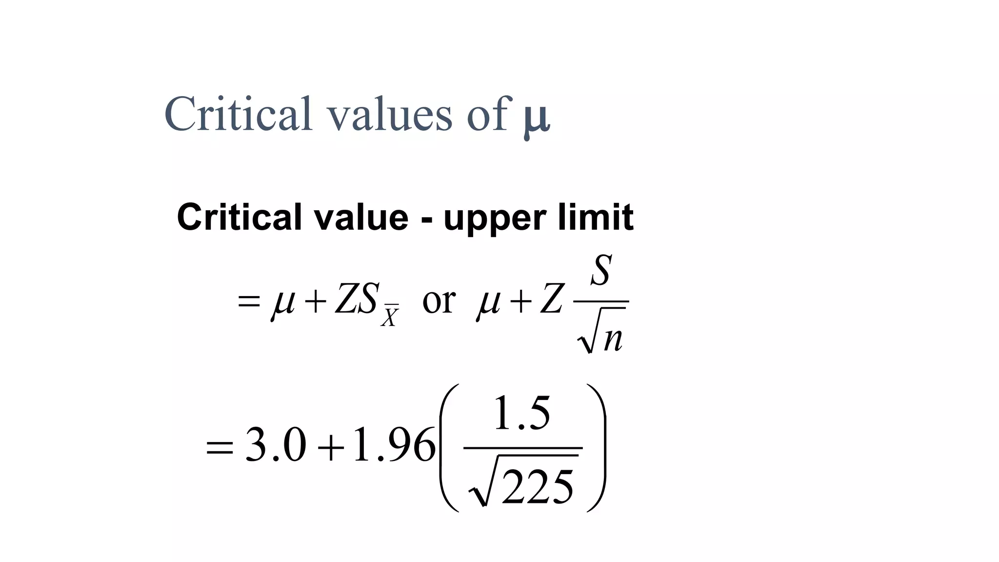 Critical values of 
Critical value - upper limit
n
S
ZZSX
 or 







225
5.1
96.10.3
 