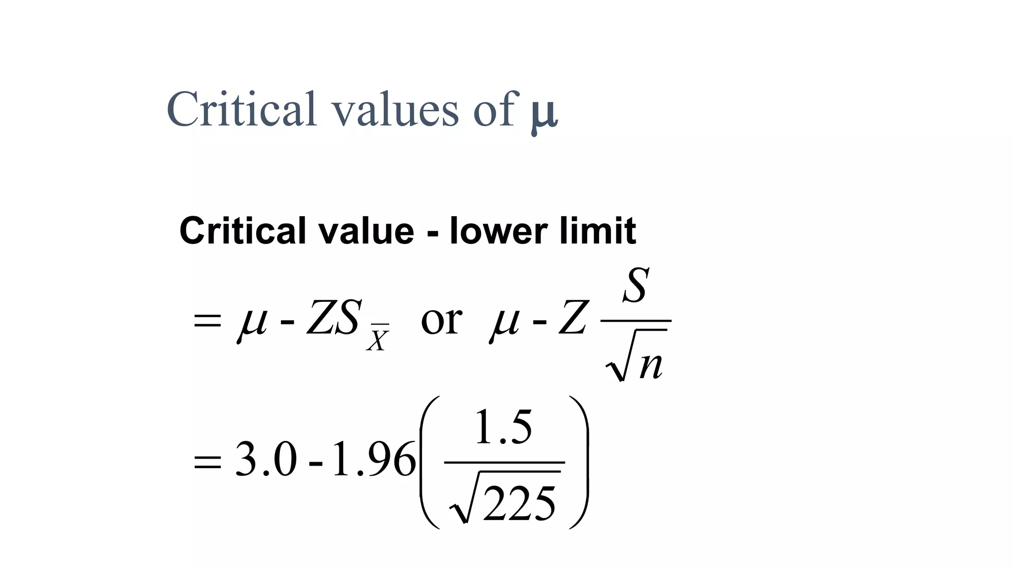 Critical value - lower limit
n
S
ZZSX
-or- 







225
5.1
96.1-0.3
Critical values of 
 