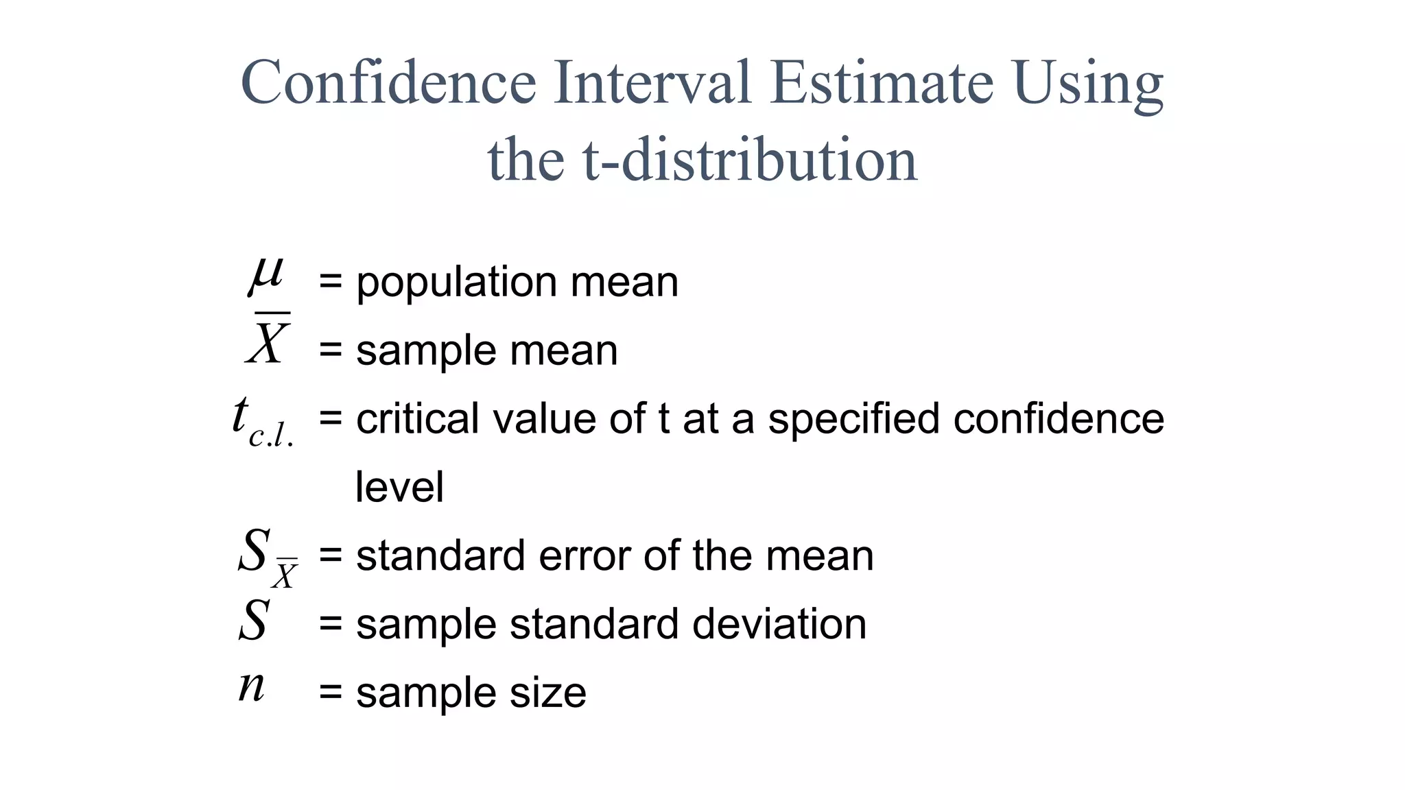 = population mean
= sample mean
= critical value of t at a specified confidence
level
= standard error of the mean
= sample standard deviation
= sample size
..lct

X
X
S
S
n
Confidence Interval Estimate Using
the t-distribution
 