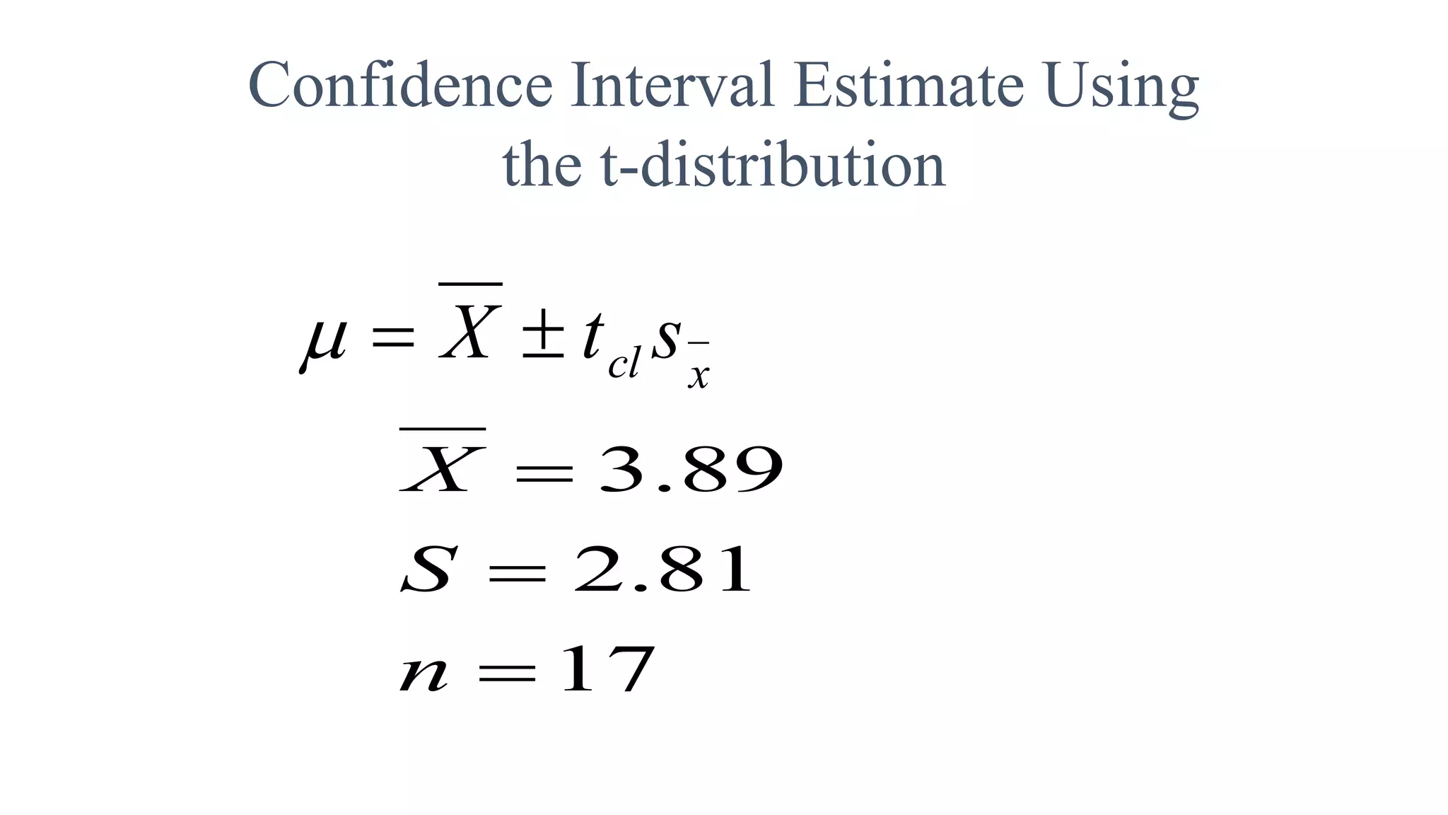 xcl stX 
17
81.2
89.3



n
S
X
Confidence Interval Estimate Using
the t-distribution
 