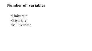 Number of variables
•Univarate
•Bivariate
•Multivariate
 