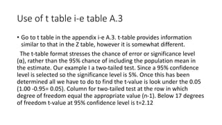 Use of t table i-e table A.3
• Go to t table in the appendix i-e A.3. t-table provides information
similar to that in the Z table, however it is somewhat different.
The t-table format stresses the chance of error or significance level
(α), rather than the 95% chance of including the population mean in
the estimate. Our example I a two-tailed test. Since a 95% confidence
level is selected so the significance level is 5%. Once this has been
determined all we have to do to find the t-value is look under the 0.05
(1.00 -0.95= 0.05). Column for two-tailed test at the row in which
degree of freedom equal the appropriate value (n-1). Below 17 degrees
of freedom t-value at 95% confidence level is t=2.12
 