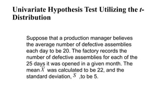 Suppose that a production manager believes
the average number of defective assemblies
each day to be 20. The factory records the
number of defective assemblies for each of the
25 days it was opened in a given month. The
mean was calculated to be 22, and the
standard deviation, ,to be 5.
X
S
Univariate Hypothesis Test Utilizing the t-
Distribution
 