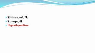  TSH-<0.5 mU/L
 T4->12µg/dl
 Hyperthyroidism
 
