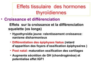 Effets tissulaire des hormones
                  thyroïdiennes
• Croissance et différenciation
    Effets sur la croissance et la différenciation
   squelette (os longs)
    • Hypothyroïdie jeune: ralentissement croissance:
      nanisme disharmonieux
    • Différentiation des épiphyses fœtus (retard
      d’apparition des foyers d’ossification épiphysaires )
    • Post natal: maturation ossification des cartilages
    • Augmente sécrétion de GH (chondrogénèse) et
      potentialise effet IGF1
 