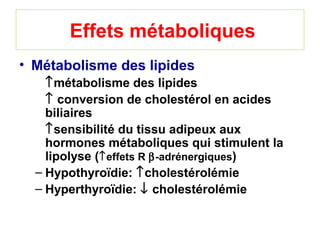 Effets métaboliques
• Métabolisme des lipides
    ↑métabolisme des lipides
    ↑ conversion de cholestérol en acides
    biliaires
    ↑sensibilité du tissu adipeux aux
    hormones métaboliques qui stimulent la
    lipolyse (↑effets R β-adrénergiques)
  – Hypothyroïdie: ↑cholestérolémie
  – Hyperthyroïdie: ↓ cholestérolémie
 