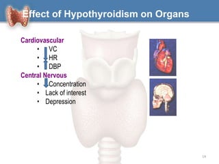 Effect of Hypothyroidism on Organs
Cardiovascular
• VC
• HR
• DBP
Central Nervous
• Concentration
• Lack of interest
• Depression
14
 