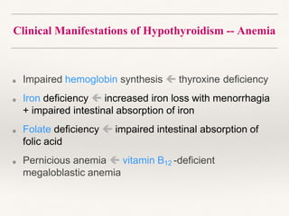 Clinical Manifestations of Hypothyroidism -- Anemia
■ Impaired hemoglobin synthesis  thyroxine deficiency
■ Iron deficiency  increased iron loss with menorrhagia
+ impaired intestinal absorption of iron
■ Folate deficiency  impaired intestinal absorption of
folic acid
■ Pernicious anemia  vitamin B12 -deficient
megaloblastic anemia
 