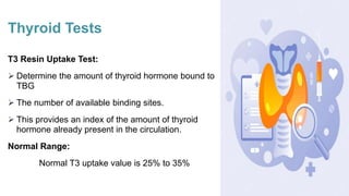 Thyroid Tests
T3 Resin Uptake Test:
 Determine the amount of thyroid hormone bound to
TBG
 The number of available binding sites.
 This provides an index of the amount of thyroid
hormone already present in the circulation.
Normal Range:
Normal T3 uptake value is 25% to 35%
 