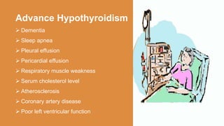 Advance Hypothyroidism
 Dementia
 Sleep apnea
 Pleural effusion
 Pericardial effusion
 Respiratory muscle weakness
 Serum cholesterol level
 Atherosclerosis
 Coronary artery disease
 Poor left ventricular function
 