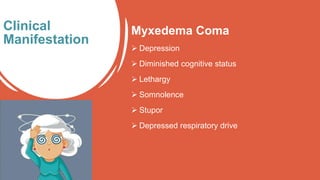 Myxedema Coma
 Depression
 Diminished cognitive status
 Lethargy
 Somnolence
 Stupor
 Depressed respiratory drive
Clinical
Manifestation
 