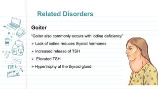 Related Disorders
Goiter
“Goiter also commonly occurs with iodine deficiency”
 Lack of iodine reduces thyroid hormones
 Increased release of TSH
 Elevated TSH
 Hypertrophy of the thyroid gland
 