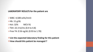 LABORATORY RESULTS for the patient are
WBC: 4,500 cells/mm3
Hb: 11 g/dL
Hct: 32% MCV 91
TSH: 22.3 IU/mL (0.4 to 4.8)
Free T4: 0.56 ng/dL (0.93 to 1.70)
List the expected laboratory finding for this patient
How should this patient be managed ?
 
