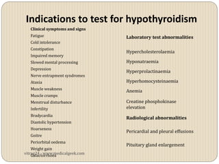 Indications to test for hypothyroidism
   Clinical symptoms and signs
   Fatigue                       Laboratory test abnormalities
   Cold intolerance
   Constipation
                                 Hypercholesterolaemia
   Impaired memory
   Slowed mental processing      Hyponatraemia
   Depression
                                 Hyperprolactinaemia
   Nerve entrapment syndromes
   Ataxia                        Hyperhomocysteinaemia
   Muscle weakness
                                 Anemia
   Muscle cramps
   Menstrual disturbance         Creatine phosphokinase
   Infertility                   elevation
   Bradycardia
                                 Radiological abnormalities
   Diastolic hypertension
   Hoarseness
                                 Pericardial and pleural effusions
   Goitre
   Periorbital oedema
                                 Pituitary gland enlargement
    Weight gain
vitrag24 - www.medicalgeek.com
    Galactorrhoea
 
