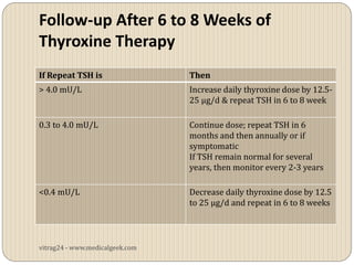 Follow-up After 6 to 8 Weeks of
Thyroxine Therapy
If Repeat TSH is                 Then
> 4.0 mU/L                       Increase daily thyroxine dose by 12.5-
                                 25 μg/d & repeat TSH in 6 to 8 week

0.3 to 4.0 mU/L                  Continue dose; repeat TSH in 6
                                 months and then annually or if
                                 symptomatic
                                 If TSH remain normal for several
                                 years, then monitor every 2-3 years

<0.4 mU/L                        Decrease daily thyroxine dose by 12.5
                                 to 25 μg/d and repeat in 6 to 8 weeks




vitrag24 - www.medicalgeek.com
 