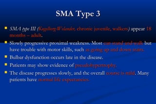 SMA Type 3SMA Type 3
 SMA type III (SMA type III (Kugelberg-Welander,Kugelberg-Welander, chronic juvenile, walkerschronic juvenile, walkers)) appearappear 1818
months – adultmonths – adult..
 Slowly progressive proximal weakness. MostSlowly progressive proximal weakness. Most can stand and walkcan stand and walk butbut
have trouble with motor skills, suchhave trouble with motor skills, such as going up and down stairs.as going up and down stairs.
 Bulbar dysfunction occurs late in the disease.Bulbar dysfunction occurs late in the disease.
 Patients may show evidence ofPatients may show evidence of pseudohypertrophy.pseudohypertrophy.
 The disease progresses slowly, and the overallThe disease progresses slowly, and the overall course is mildcourse is mild. Many. Many
patients havepatients have normal life expectancies.normal life expectancies.
 