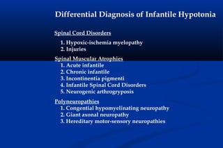 Differential Diagnosis of Infantile Hypotonia
Spinal Cord Disorders
1. Hypoxic-ischemia myelopathy
2. Injuries
Spinal Muscular Atrophies
1. Acute infantile
2. Chronic infantile
3. Incontinentia pigmenti
4. Infantile Spinal Cord Disorders
5. Neurogenic arthrogryposis
Polyneuropathies
1. Congential hypomyelinating neuropathy
2. Giant axonal neuropathy
3. Hereditary motor-sensory neuropathies
 