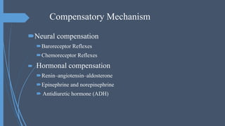 Compensatory Mechanism
Neural compensation
Baroreceptor Reflexes
Chemoreceptor Reflexes
 Hormonal compensation
Renin–angiotensin–aldosterone
Epinephrine and norepinephrine
 Antidiuretic hormone (ADH)
 