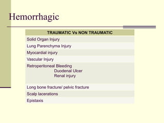 Hemorrhagic
TRAUMATIC Vs NON TRAUMATIC
Solid Organ Injury
Lung Parenchyma Injury
Myocardial injury
Vascular Injury
Retroperitoneal Bleeding
Duodenal Ulcer
Renal injury
Long bone fracture/ pelvic fracture
Scalp lacerations
Epistaxis
 