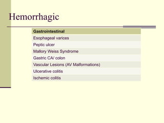 Hemorrhagic
Gastrointestinal
Esophageal varices
Peptic ulcer
Mallory Weiss Syndrome
Gastric CA/ colon
Vascular Lesions (AV Malformations)
Ulcerative colitis
Ischemic colitis
 
