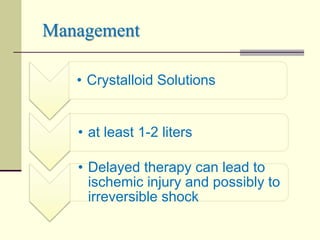 Management
• Crystalloid Solutions
• at least 1-2 liters
• Delayed therapy can lead to
ischemic injury and possibly to
irreversible shock
 