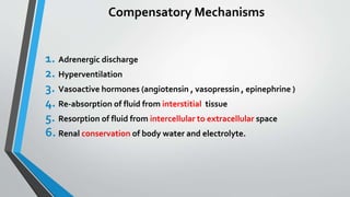 Compensatory Mechanisms
1. Adrenergic discharge
2. Hyperventilation
3. Vasoactive hormones (angiotensin , vasopressin , epinephrine )
4. Re-absorption of fluid from interstitial tissue
5. Resorption of fluid from intercellular to extracellular space
6. Renal conservation of body water and electrolyte.
 