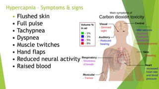 • Flushed skin
• Full pulse
• Tachypnea
• Dyspnea
• Muscle twitches
• Hand flaps
• Reduced neural activity
• Raised blood
Hypercapnia – Symptoms & signs
 