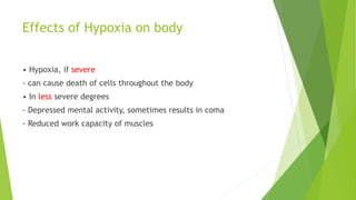 Effects of Hypoxia on body
• Hypoxia, if severe
- can cause death of cells throughout the body
• In less severe degrees
- Depressed mental activity, sometimes results in coma
- Reduced work capacity of muscles
 