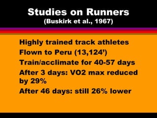 Studies on Runners
(Buskirk et al., 1967)
Highly trained track athletes
Flown to Peru (13,124’)
Train/acclimate for 40-57 days
After 3 days: VO2 max reduced
by 29%
After 46 days: still 26% lower
 
