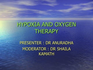 HYPOXIA AND OXYGEN THERAPY PRESENTER : DR ANURADHA MODERATOR : DR SHAILA KAMATH 