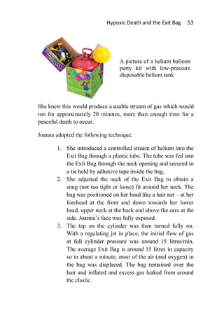 Hypoxic Death and the Exit Bag    53




                                 A picture of a helium balloon
                                 party kit with low-pressure
                                 disposable helium tank




She knew this would produce a usable stream of gas which would
run for approximately 20 minutes, more than enough time for a
peaceful death to occur.

Joanna adopted the following technique.

       1. She introduced a controlled stream of helium into the
          Exit Bag through a plastic tube. The tube was fed into
          the Exit Bag through the neck opening and secured to
          a tie held by adhesive tape inside the bag.
       2. She adjusted the neck of the Exit Bag to obtain a
          snug (not too tight or loose) fit around her neck. The
          bag was positioned on her head like a hair net – at her
          forehead at the front and down towards her lower
          head, upper neck at the back and above the ears at the
          side. Joanna’s face was fully exposed.
       3. The tap on the cylinder was then turned fully on.
          With a regulating jet in place, the initial flow of gas
          at full cylinder pressure was around 15 litres/min.
          The average Exit Bag is around 15 litres in capacity
          so in about a minute, most of the air (and oxygen) in
          the bag was displaced. The bag remained over the
          hair and inflated and excess gas leaked from around
          the elastic.
 