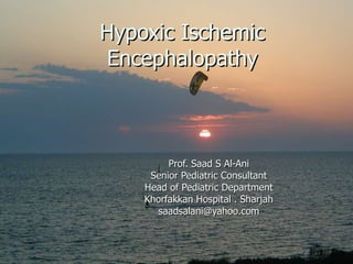 Hypoxic Ischemic Encephalopathy Prof. Saad S Al-Ani Senior Pediatric Consultant Head of Pediatric Department Khorfakkan Hospital . Sharjah [email_address] 
