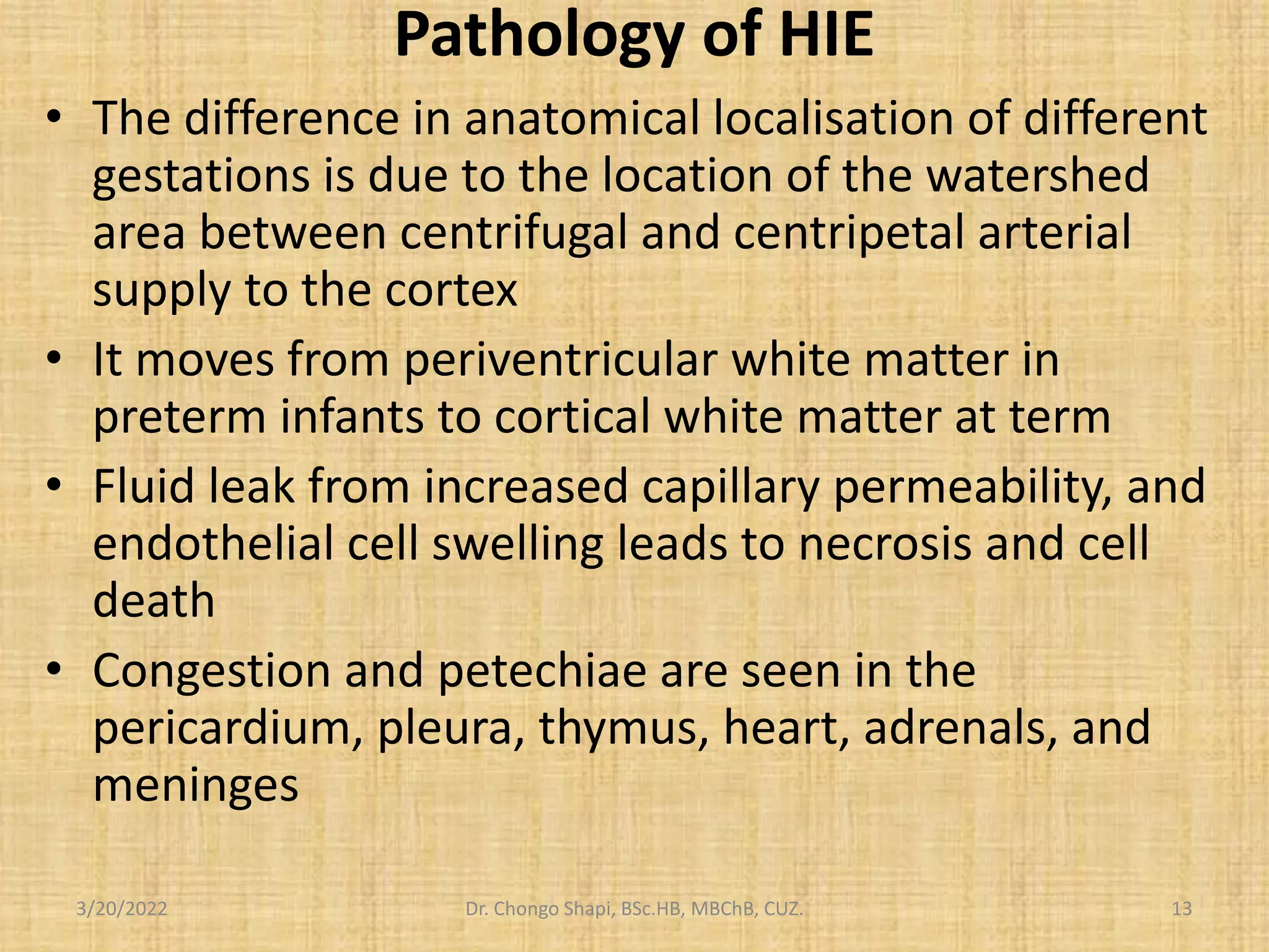 Pathology of HIE
• The difference in anatomical localisation of different
gestations is due to the location of the watershed
area between centrifugal and centripetal arterial
supply to the cortex
• It moves from periventricular white matter in
preterm infants to cortical white matter at term
• Fluid leak from increased capillary permeability, and
endothelial cell swelling leads to necrosis and cell
death
• Congestion and petechiae are seen in the
pericardium, pleura, thymus, heart, adrenals, and
meninges
3/20/2022 Dr. Chongo Shapi, BSc.HB, MBChB, CUZ. 13
 