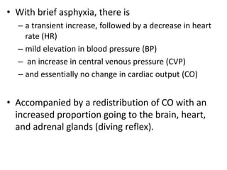 • With brief asphyxia, there is
– a transient increase, followed by a decrease in heart
rate (HR)
– mild elevation in blood pressure (BP)
– an increase in central venous pressure (CVP)
– and essentially no change in cardiac output (CO)
• Accompanied by a redistribution of CO with an
increased proportion going to the brain, heart,
and adrenal glands (diving reflex).
 