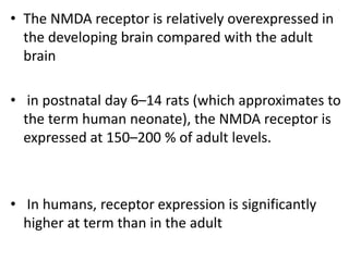 • The NMDA receptor is relatively overexpressed in
the developing brain compared with the adult
brain
• in postnatal day 6–14 rats (which approximates to
the term human neonate), the NMDA receptor is
expressed at 150–200 % of adult levels.
• In humans, receptor expression is significantly
higher at term than in the adult
 